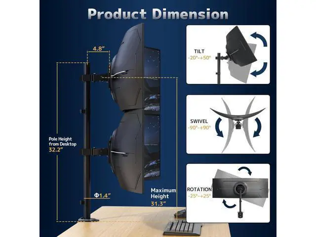 Alt view image 6 of 7 - Heavy Duty Dual Monitor-Arm for 17-49'' - Double Vertically Stacked Monitor Mount, Extra Tall Ultrawide Desk Stand Holds up to 44 lbs per Screen, Vesa 75/100, Black