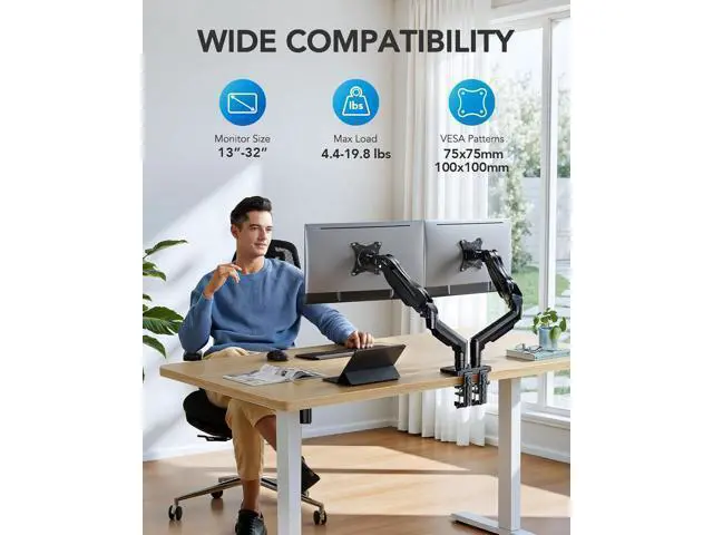 Alt view image 2 of 7 - HUANUO Dual Monitor Stand, Fully Adjustable Gaming Monitor Desk Mount for 1332 Computer Screens, Full Motion VESA 75x75/100x100 with C-Clamp & Grommet Base, Each Arm Holds 4.4 to 19.8 lbs
