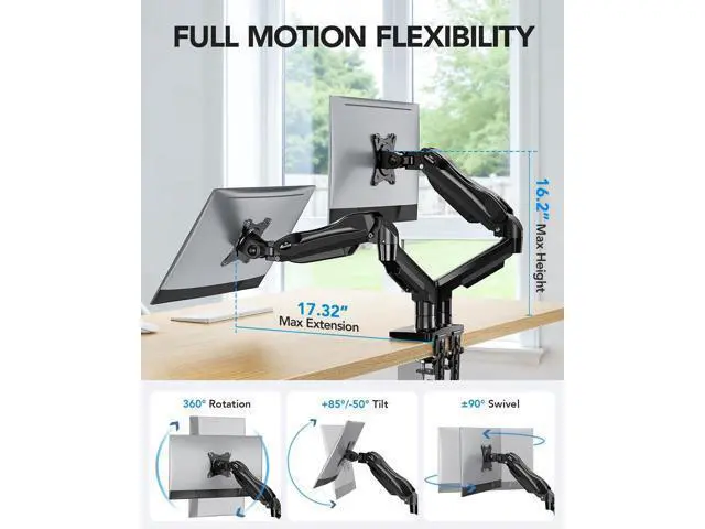 Alt view image 3 of 7 - HUANUO Dual Monitor Stand, Fully Adjustable Gaming Monitor Desk Mount for 1332 Computer Screens, Full Motion VESA 75x75/100x100 with C-Clamp & Grommet Base, Each Arm Holds 4.4 to 19.8 lbs
