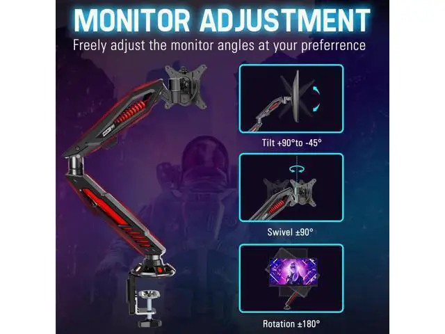 Alt view image 5 of 7 - MOUNT PRO Single Gaming Monitor Stand - Mechanical Spring Display Mount, Adjustable Gaming Monitor Arm with C Clamp and Grommet Mounting Base - Fits for Computer Screen up to 32, VESA 75x75, 100x100