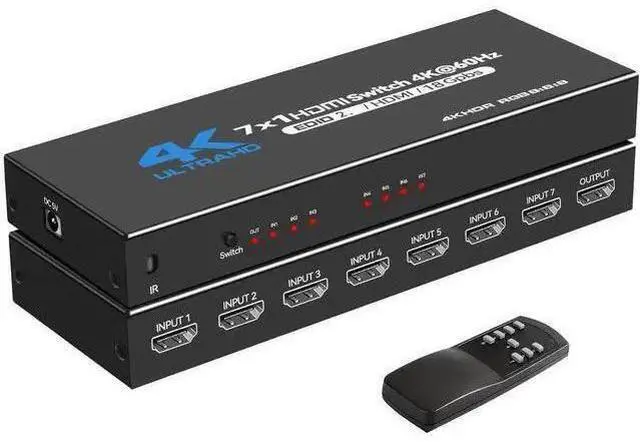 Main image of HDMI Switch 7 in 1 Out 4K@60Hz, 7x1 HDMI Switcher with IR Remote, 7 Port HDMI Selector Box Support HDMI2.0, Dolby Vision/Atmos, HDR10 for Box, Switch, PS5/4, Roku, Fire -Stick