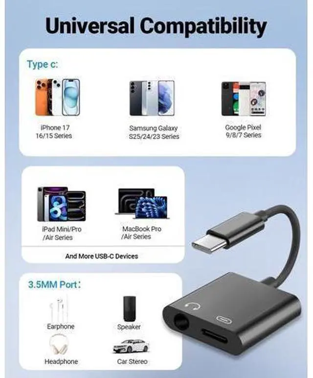 Main image of USB C to 3.5mm Headphone Jack and Charger Adapter, 2-in-1 Audio & Fast Charging Splitter for Apple iPhone 17/16/15/Pro/Pro Max, iPad, Samsung, Pixel, and More 10Pack Black