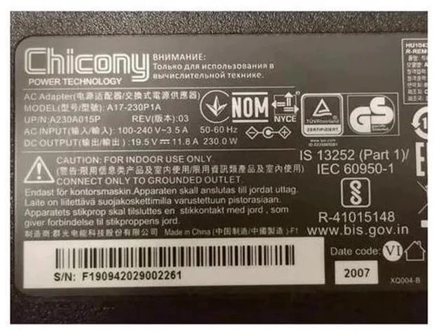 Main image of WISDUM Chicony A17-230P1A 19.5V 11.8A 230W A230A015P AC Adapter For Hasee Laptop Power Supply Charger