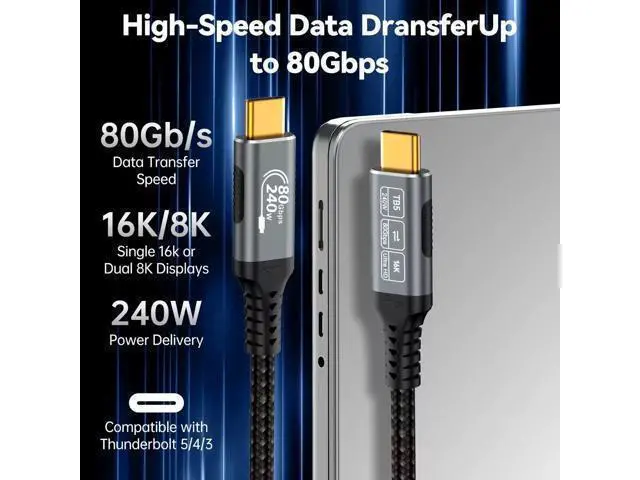 Main image of Thunderbolt 5 Cable, Supports 8K Display/ 80Gbps Data Transfer/ 120Gbps Bandwidth Boost/ 240W Fast Charging, Compatible with Thunderbolt 4, USB4, Thunderbolt 3 and USB-C, Black, 3.3FT