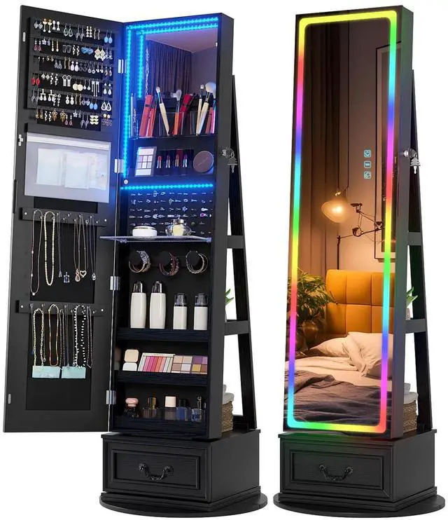 Main image of Vlsrka LED Mirror Jewelry Cabinet with Lights, 360° Swivel, Black | Lockable Mirror with Storage, Standing Jewelry Armoire Organizer, Touch Screen, RGB Modes for Bedroom, Gift for Women