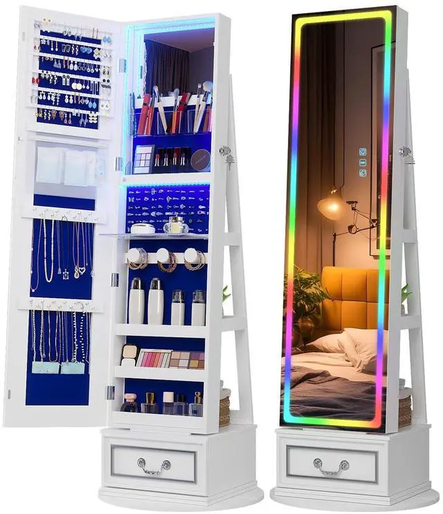 Main image of Vlsrka LED Mirror Jewelry Cabinet with Lights, 360° Swivel, White | Lockable Mirror with Storage, Standing Jewelry Armoire Organizer, Touch Screen, RGB Modes for Bedroom, Gift for Women