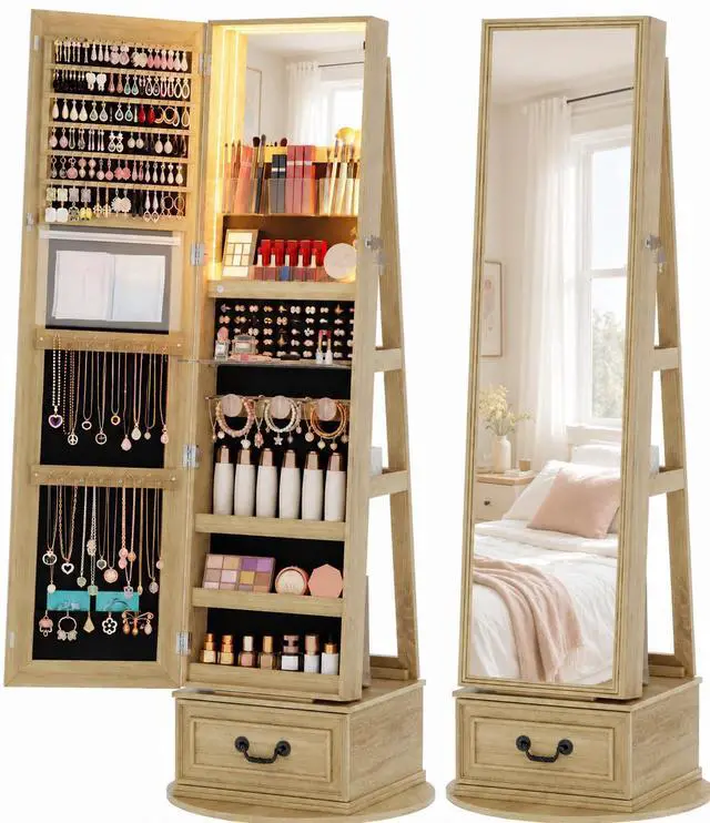 Main image of Vlsrka Mirror Jewelry Cabinet Standing with Lights, Lockable, Swivel, Wood | Standing Jewelry Armoire with Full Length Mirror, Large Jewelry Organizer Storage with Foldable Makeup Shelf, 3 LED Lights