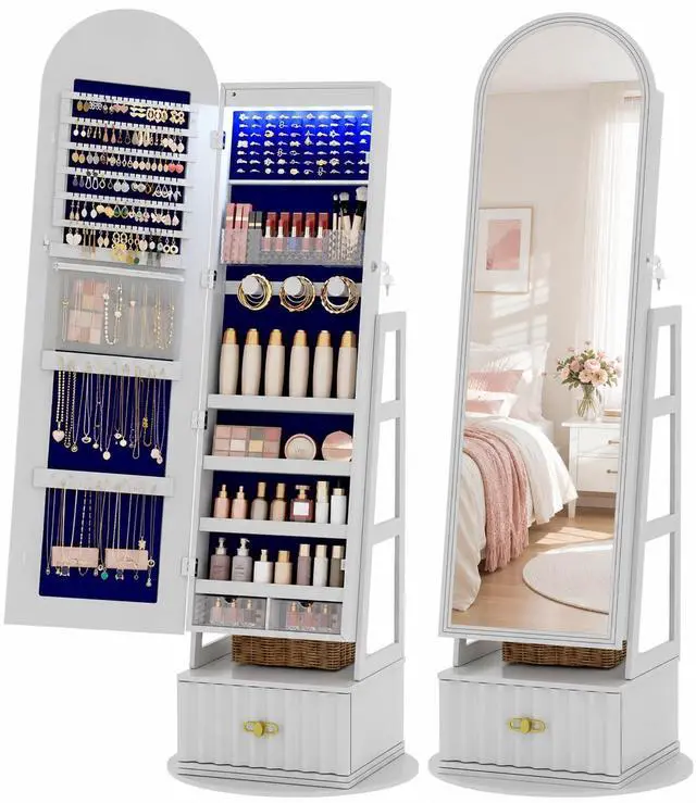 Main image of Vlsrka Arched LED Mirror Jewelry Cabinet with Full Length Mirror, White | Lockable Jewelry Armoire Cabinet, 360° Swivel Jewelry Organizer with Drawer Storage, Foldable Makeup Shelf, 2 Rear Hooks