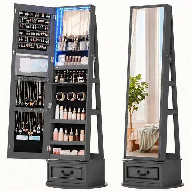 Main image of Vlsrka Mirror Jewelry Cabinet Standing with Lights, Lockable, Swivel, Grey | Standing Jewelry Armoire with Full Length Mirror, Large Jewelry Organizer Storage with Foldable Makeup Shelf, 3 LED Lights