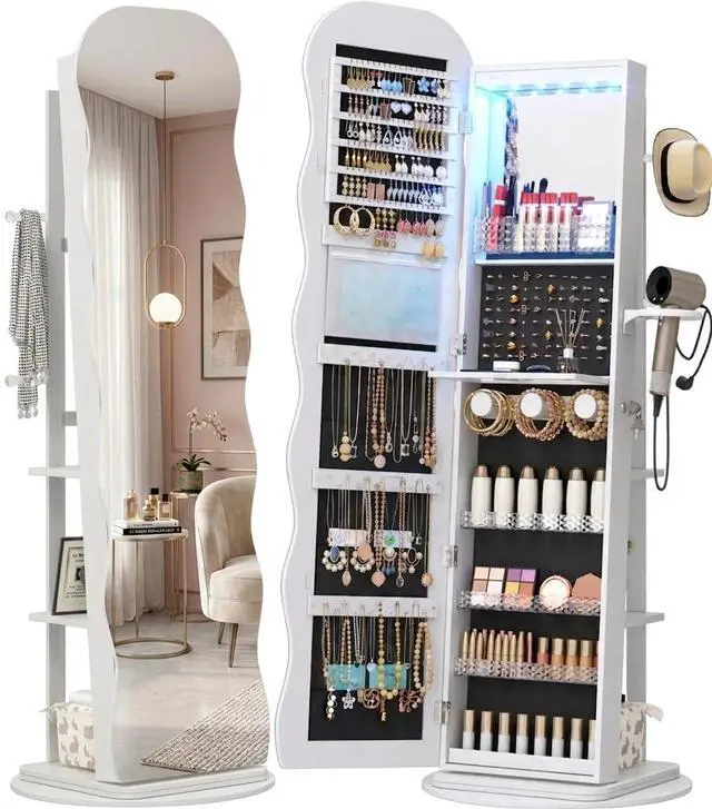 Main image of Vlsrka 360° Swivel Jewelry Armoire with Full Length Wave Mirror, White | Lockable Mirror Jewelry Cabinet Standing, Interior LED Makeup Mirror, Foldable Shelf, Large Capacity, Gift for Women, Girls