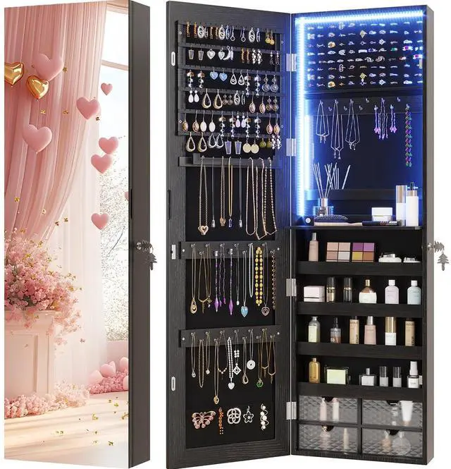 Main image of Vlsrka 47.2" Jewelry Armoire Organizer, Wall/Door Mounted Jewelry Cabinet | Built-in LED Mirror, Large Lockable Hanging Full Length Mirror with Jewelry Storage, 4 Drawers, 5 Shelves for Women, Black