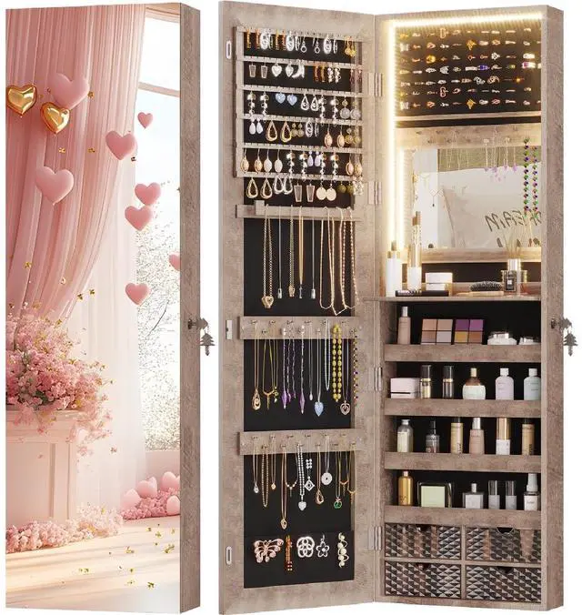 Main image of Vlsrka 47.2" LED Jewelry Cabinet, Wall Mounted Jewelry Mirror Organizer | Over The Door Hanging Jewelry Armoire Organizer, Lockable Mirror with Jewelry Storage, 4 Drawers, 5 Shelves for Women (Wood)