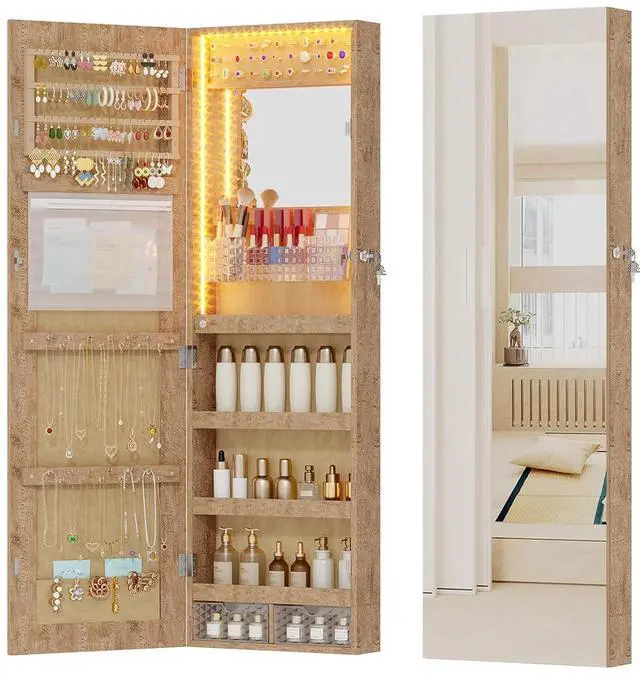 Main image of Vlsrka LED Mirror Jewelry Cabinet, Over Door/Wall Mounted Jewelry Organizer | 3-color LED Interior Mirror, Lockable, 42.5" Full Length Mirror, Hanging Jewelry Armoire Storage for Women, Wood