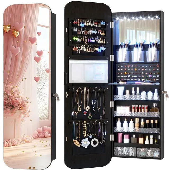 Main image of Vlsrka 47.2" Wall/Door Mounted Jewelry Cabinet Organizer Armoire W/Mirror | 6 LEDs, Over The Door Hanging Jewelry Organizer with Rounded Corner Mirror, Lockable Full Length Mirror with Storage, Black
