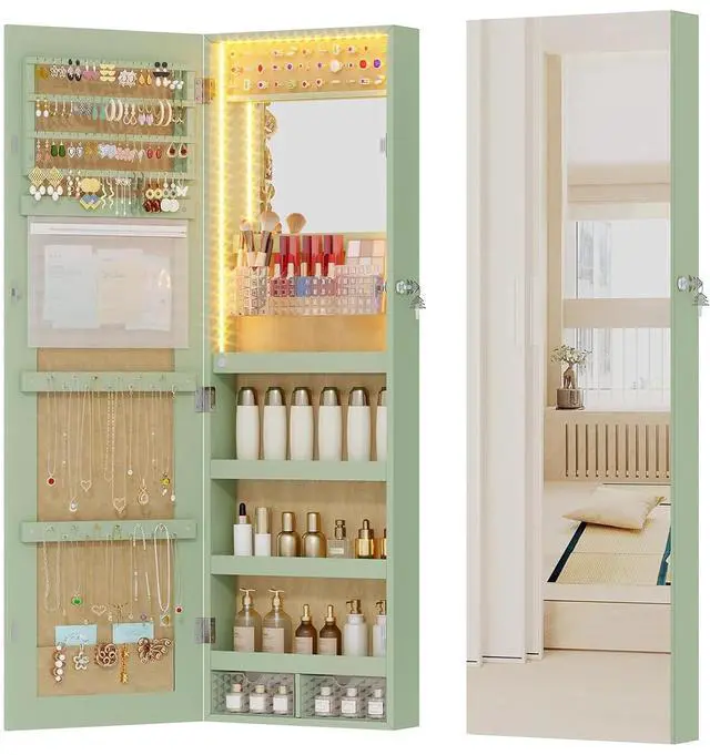 Main image of Vlsrka LED Mirror Jewelry Cabinet, Over Door/Wall Mounted Jewelry Organizer | 3-color LED Interior Mirror, Lockable, 42.5" Full Length Mirror, Hanging Jewelry Armoire Storage for Women, Light Green