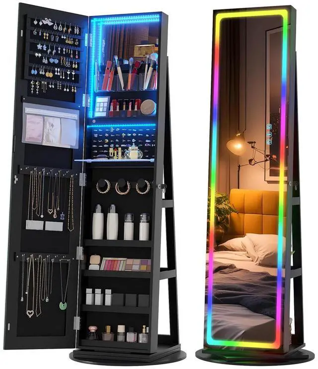 Main image of Vlskra Mirror Jewelry Cabinet Standing with Full Length LED Mirror, Black | Lockable Jewelry Armoire with 14 RGB Color Modes, Rotating Jewelry Organizer with Dustproof Lock, Gift Idea for Women, Girls