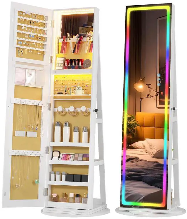 Main image of Vlskra Mirror Jewelry Cabinet Standing with Full Length LED Mirror, White | Lockable Jewelry Armoire with 14 RGB Color Modes, Rotating Jewelry Organizer with Dustproof Lock, Gift Idea for Women, Girls