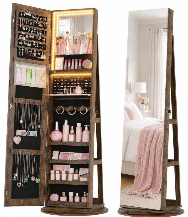 Main image of Vlsrka 360° Swivel Mirror Jewelry Cabinet, Lockable Jewelry Armoire, Brown | Standing Jewelry Cabinet with Lights, Framelss Mirror with Storage, Foldable Makeup Shelf, Interior Mirror, Gift for Women