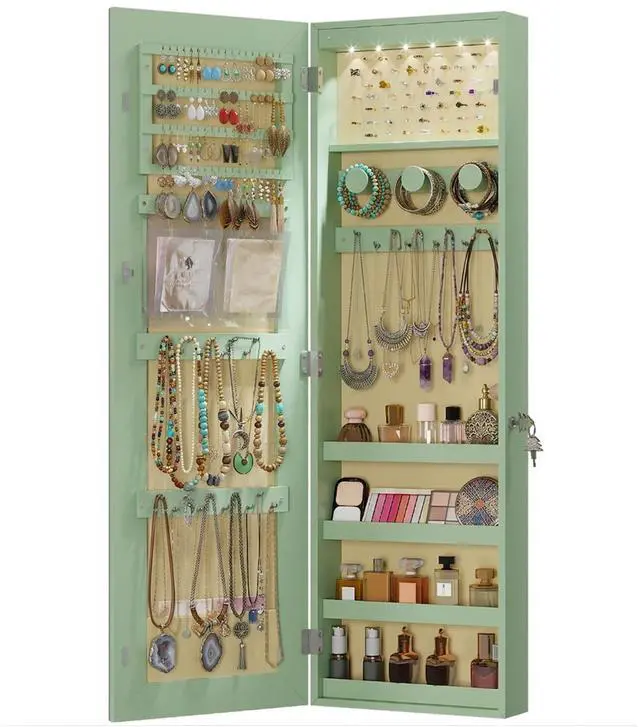 Main image of 42.5 Over the Door Jewelry Organizer, Wall Mount Jewelry Cabinet, Green | Full Length Mirror Jewelry Cabinet for Bedrooms, Closets, Dorms, Gift for Women, Girl, Storage Accessories and Makeup