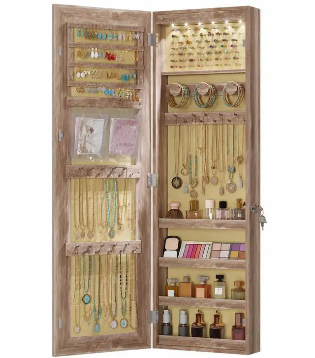 Main image of 42.5 Over the Door Jewelry Organizer, Wall Mount Jewelry Cabinet, Brown | Full Length Mirror Jewelry Cabinet for Bedrooms, Closets, Dorms, Gift for Women, Girl, Storage Accessories and Makeup