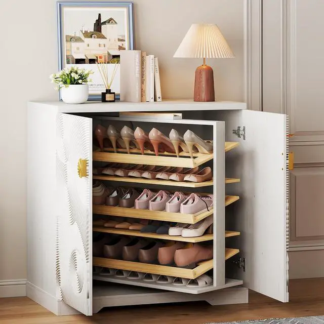 Main image of Vlsrka Shoe Storage Cabinet with Doors and 6 Tier Rotating Shelves, White | Suitable for 18 Pairs Shoe Organizer, Freestanding, Pull Out Shoe Rack, Wooden Entryway Cabinet for Hallway, Closet, Indoor