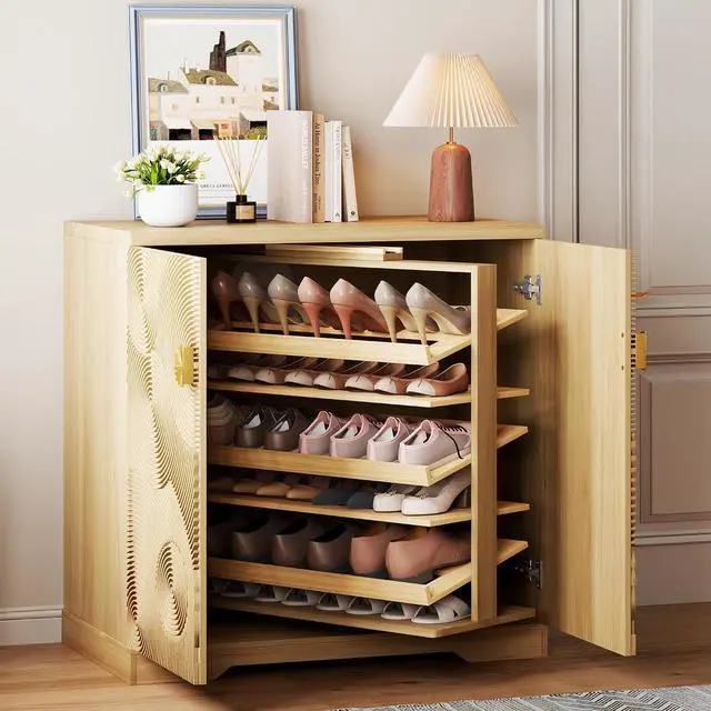 Main image of Vlsrka Shoe Storage Cabinet with Doors and 6 Tier Rotating Shelves, Wood | Suitable for 18 Pairs Shoe Organizer, Freestanding, Pull Out Shoe Rack, Wooden Entryway Cabinet for Hallway, Closet, Indoor