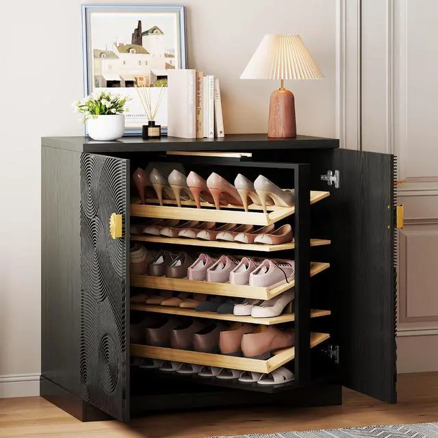 Main image of Vlsrka Shoe Storage Cabinet with Doors and 6 Tier Rotating Shelves, Black | Suitable for 18 Pairs Shoe Organizer, Freestanding, Pull Out Shoe Rack, Wooden Entryway Cabinet for Hallway, Closet, Indoor