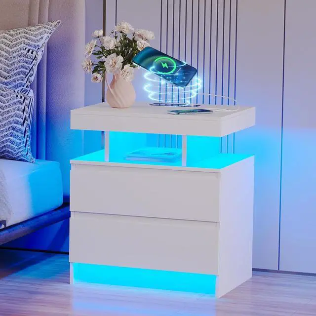 Main image of dnbss LED Nightstand with Charging Station, Smart Bedside Table, White | Modern Night Stand, Floating Desktop, 2 Drawers, 1 Compartment, Human Body Sensor, for Bedroom Living Room Office Storage