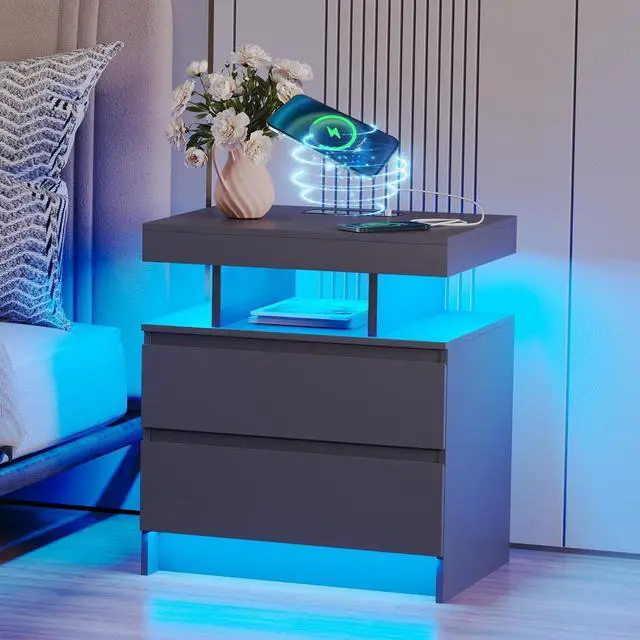 Main image of dnbss LED Nightstand with Charging Station, Smart Bedside Table, Grey | Modern Night Stand, Floating Desktop, 2 Drawers, 1 Compartment, Human Body Sensor, for Bedroom Living Room Office Storage