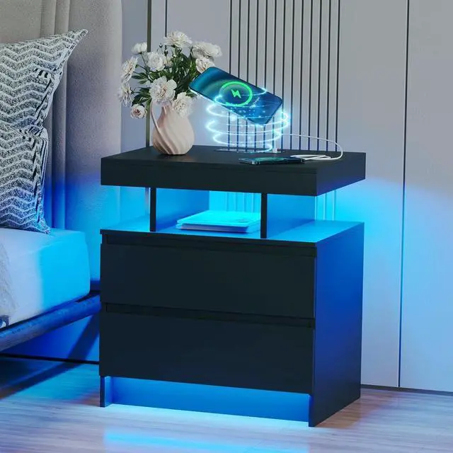 Main image of dnbss LED Nightstand with Charging Station, Smart Bedside Table, Black | Modern Night Stand, Floating Desktop, 2 Drawers, 1 Compartment, Human Body Sensor, for Bedroom Living Room Office Storage