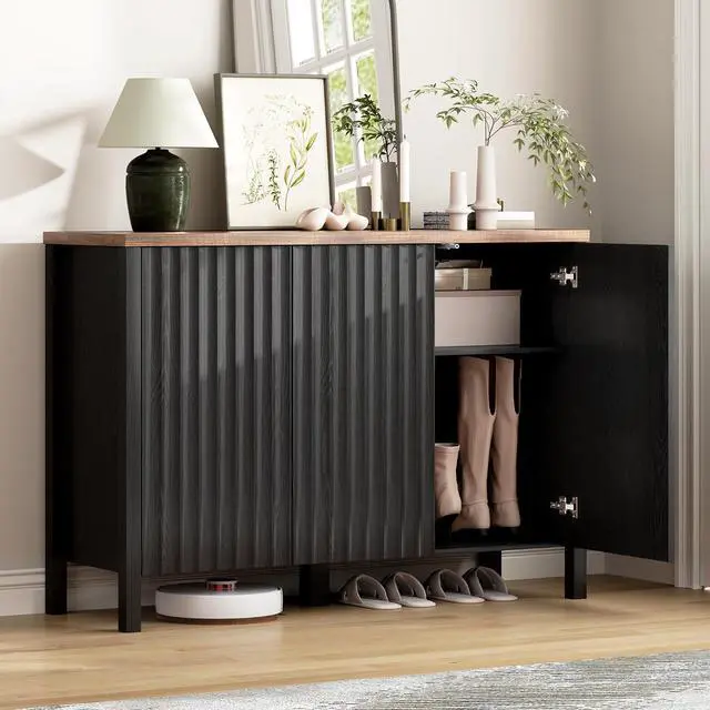 Main image of Vlsrka Shoe Storage Cabinet with Doors and Adjustable Shelves, Black | Suitable for 20 Pairs Shoe Organizer, Farmhouse Style, 4 Tier Shoe Rack, Wooden Entryway Cabinet for Hallway, Living Room