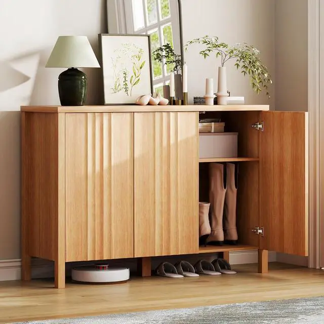 Main image of Vlsrka Shoe Storage Cabinet with 3 Doors and Adjustable Shelves | Suitable for 20 Pairs Shoe Organizer, 4 Tier Shoe Rack, Wooden Entryway Cabinet for Hallway, Living Room, Wood