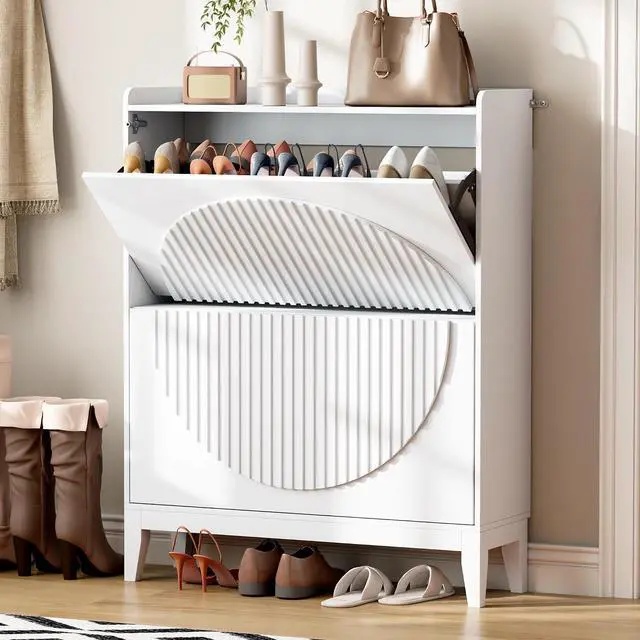 Main image of Vlsrka Shoe Storage Cabinet with 2 Flip Drawers, Narrow Shoe Organizer | Hidden Shoe Rack, Freestanding Leg, Slim Wooden Entryway Cabinet for Hallway, Living Room, Modern White