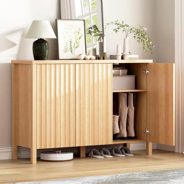 Main image of Vlsrka Shoe Storage Cabinet with Doors and Adjustable Shelves, Wood | Suitable for 20 Pairs Shoe Organizer, 4 Tier Shoe Rack, Freestanding, Wooden Entryway Cabinet for Hallway, Living Room