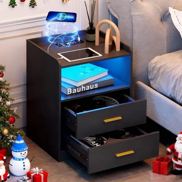 Main image of dnbss RGB Nightstand with Charging Station, Smart Bedside Table, Black | LED Night Stand, 2 Drawers, 1 Compartment, Human Body Sensor, Modern End Side Table for Bedroom Living Room Office Storage
