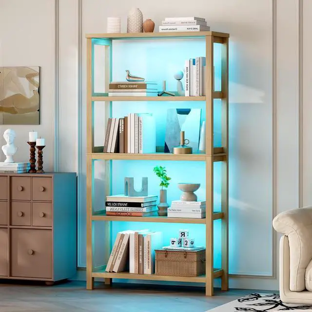Main image of Vlsrka Wooden Bookshelf with Lights, 5 Tier Bookshelf with Storage | Tall Bookcase with Open Shelves, Standing Bookshelves Display Rack for Living Room, Home Office, Brown