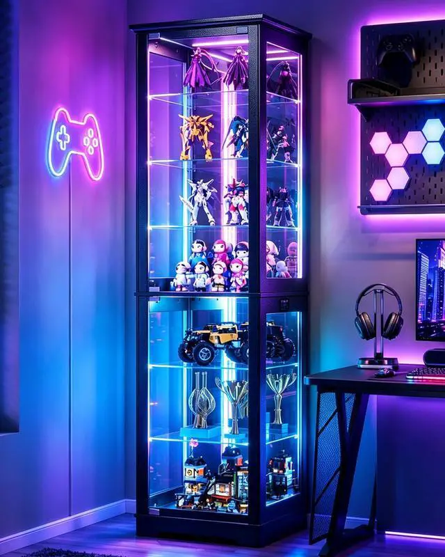 Main image of Vlsrka Display Cabinet with Glass Doors, 7 Tier RGB Lights Curio Cabinet | APP-Controlled LED Glass Display Case,Human Sensor Lighting Showcase for Collectibles Action Figures LEGO,Trophies,Black