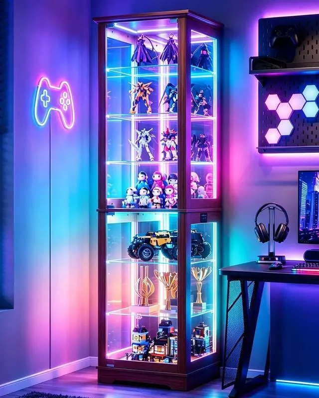 Main image of Vlsrka Display Cabinet with Glass Doors, 7 Tier RGB Lights Curio Cabinet | APP-Controlled LED Glass Display Case,Human Sensor Lighting Showcase for Collectibles Action Figures LEGO,Trophies,Brown