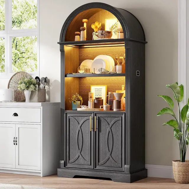 Main image of Vlsrka Kitchen Pantry Storage Cabinets with Adjustable Shelves, 71" Tall | Arched Wooden Cabinet with Doors, 3 Colors LED Lights, Motion Sensor, Freestanding, for Living/Dining Room, Black