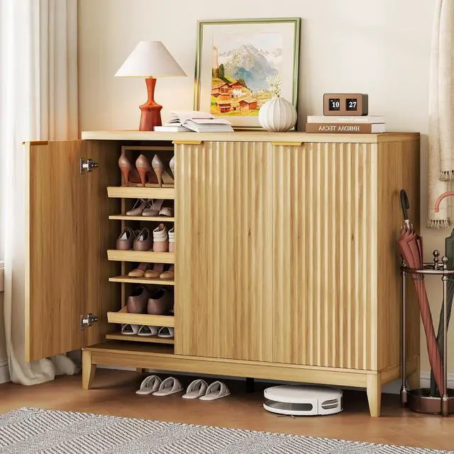 Main image of Vlsrka Shoe Storage Cabinet with Fluted Doors and Adjustable Shelves | 6 Tier Wooden Shoe Organizer, Large Capacity, Human Sensor Lighting, 180° Rotating, for Entryway, Hallway, Living Room, Wood