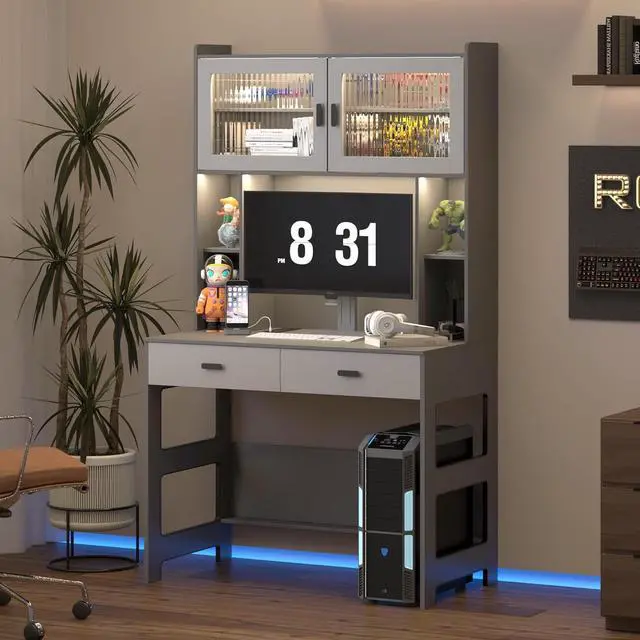 Main image of Vlsrka Home Office Desk with Charging Station and LED Lights, 40" Grey | Modern Computer Desk, 2 Drawers, Hutches, 2 Doors, 4 Open Shelves, Wooden Writing Table for Bedroom Study Room, Teenager Gift