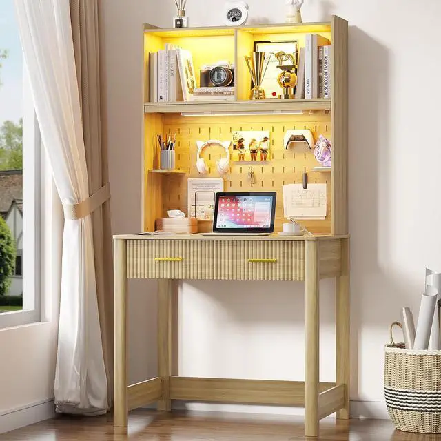 Main image of Vlsrka Small Study Desk with Drawers and Reading Lights for Compact Space | 31.5" Fluted Computer Desk with Hutch, Writing Desk with Storage and Charging Station for Teen Bedroom, Study Room, Wood