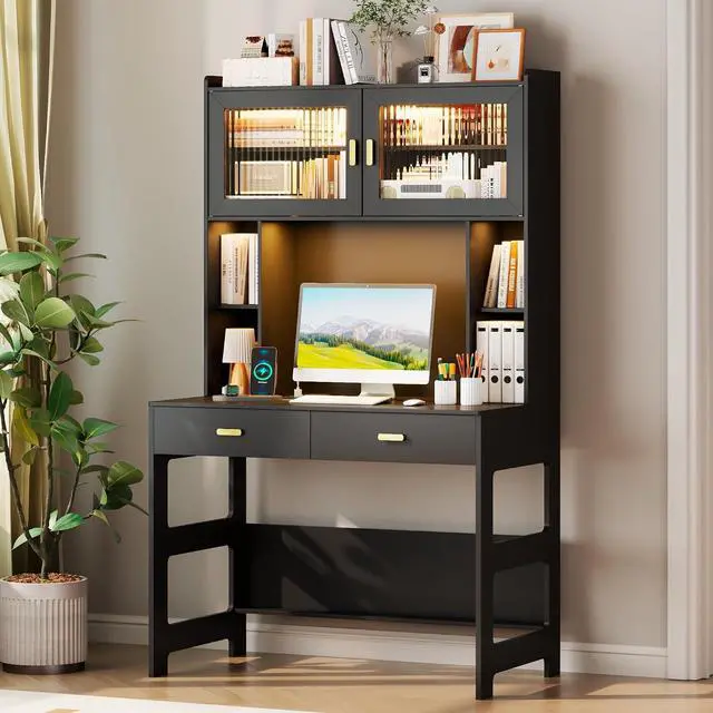 Main image of Vlsrka Home Office Desk with Charging Station and LED Lights, 40" Black | Modern Computer Desk, 2 Drawers, Hutches, 2 Doors, 4 Open Shelves, Wooden Writing Table for Bedroom Study Room, Teenager Gift