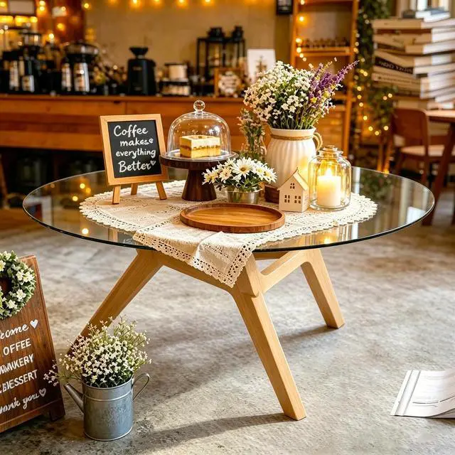 Main image of Glass Coffee Table - Round Coffee Table with Clear Tempered Glass Top, Modern Low Minimalist Center Table, Sturdy Solid Wood Coffee Table for Living Room Home Office, Wood
