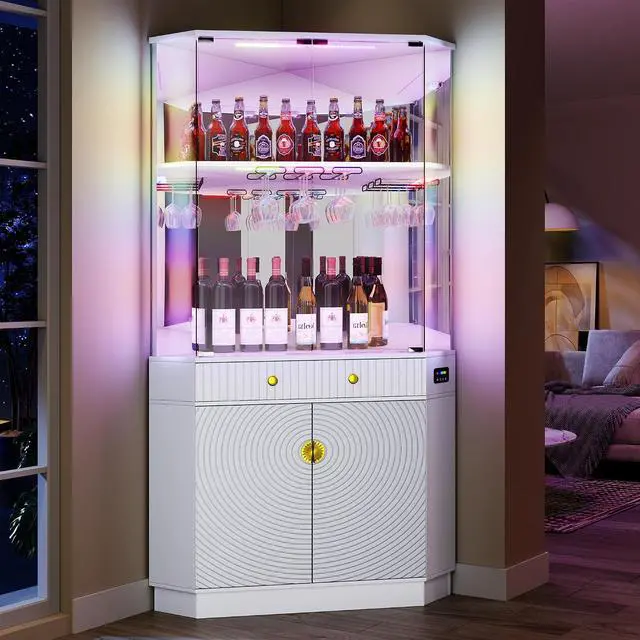 Main image of Vlsrka 71" Tall Corner Bar Cabinet with RGB Lighting & Motion Sensor LED | Corner Wine Cabinet with Mirror Back & Glass Doors, Modern Liquor Cabinet with Textured Storage for home living room, White