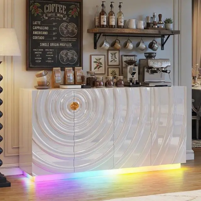 Main image of Vlsrka 63" Kitchen Sideboard Buffet Cabinet with RGB Lights, Outlet | 4 Doors Accent Credenza Storage Cabinet with Adjustable Shelves, Coffee Bars for Dining Living Room, Entryway, White