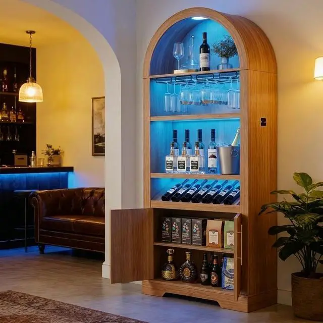 Main image of Vlsrka 71" Arched Fluted Wine Bar Cabinet with LED Light & Wine Rack | Fluted Coffee Bar Cabinets with Stemware Rack, Kitchen Pantry Adjustable Shelves, Liquor Cabinet for Home, Dining Room