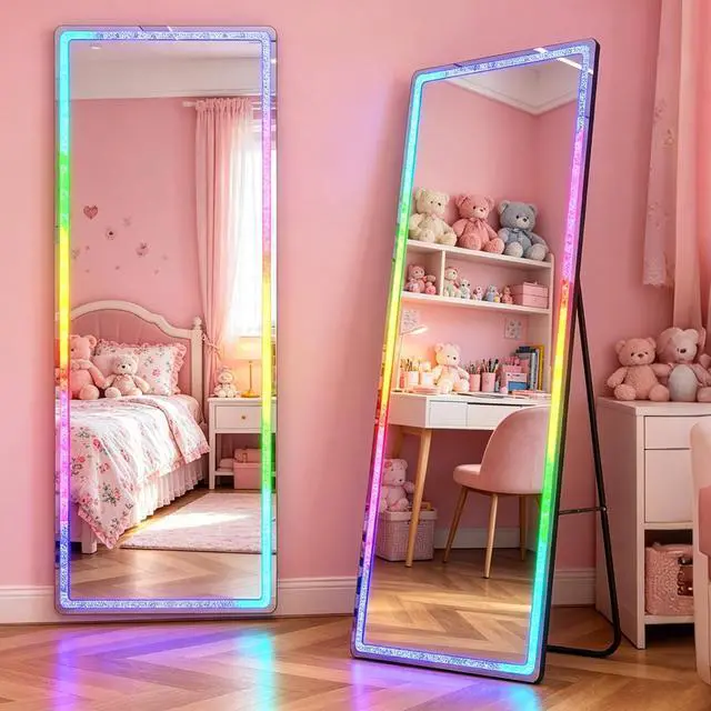 Main image of Vlsrka Full Length Mirror With RGB Lights, 63x20 Full Body Lighted With Crushed Diamond, Free Standing Floor LED, Wall Mounted, 7 Color Dimmable & Speed Adjustable (Black)