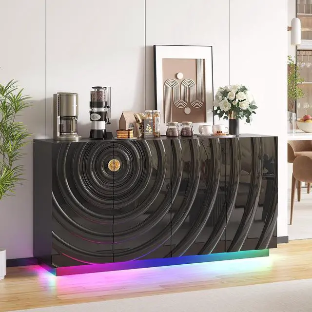 Main image of Vlsrka 63" Kitchen Sideboard Buffet Cabinet with RGB Lights, Outlet | 4 Doors Accent Credenza Storage Cabinet with Adjustable Shelves, Coffee Bars for Dining Living Room, Entryway, Black
