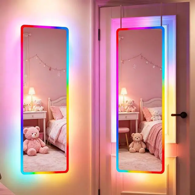 Main image of Vlsrka 47x16 Full Length Mirror with RGB Lights, LED Over The Door Lighted Mirror Full Body, 7 Color Dimming Lighting & 7 Dynamic Mode, Door Hanging/Wall-Mounted (Gift Box Design)